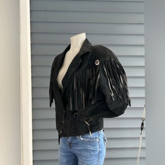 Vintage Retro 80s Black Suede Cropped Fringe Concho Cowgirl Western Jacket~M~ - Picture 2 of 8